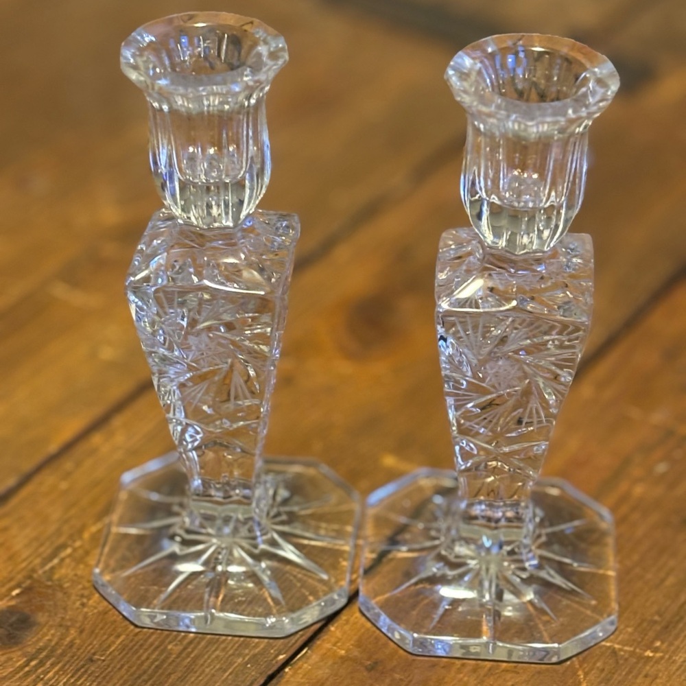 Pinwheel by Crystal Clear Industries Pair of 6” Vintage Crystal Candle Holders